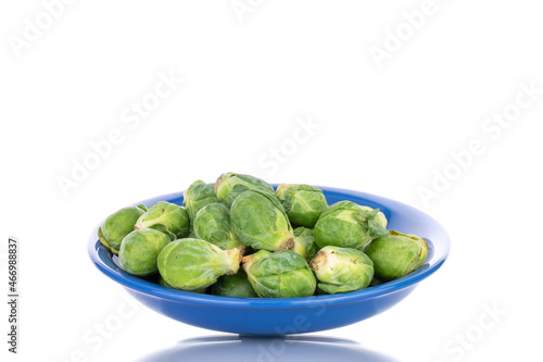 Organic ripe brussels sprouts with blue ceramic plate, close-up, isolated on white.