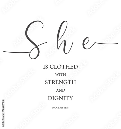 She is clothed with strength and dignity, Proverbs 31:25, bible verse poster, scripture wall print, Home wall decor, Woman gift, Christian banner, Minimalist Print, Christian card, vector illustration