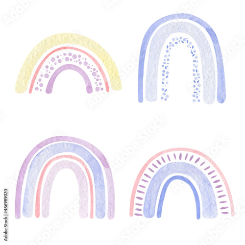 Watercolor rainbow set. Doodle hand drawn illustration. Pastel colors, cute pattern. Perfect for kids poster, prints, cards, fabric, textile.