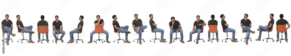 large line of the same man sitting on a chair in various poses on white background large line of the same man sitting on a chair in various poses on white background