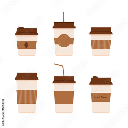 This is a collection of paper cups with coffee on a white background.