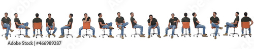 large line of the same man sitting on a chair in various poses on white background