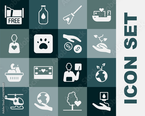 Set Blood donation, Volunteer team planting trees, Mop, Paw print, Free overnight stay house and Donation and charity icon. Vector