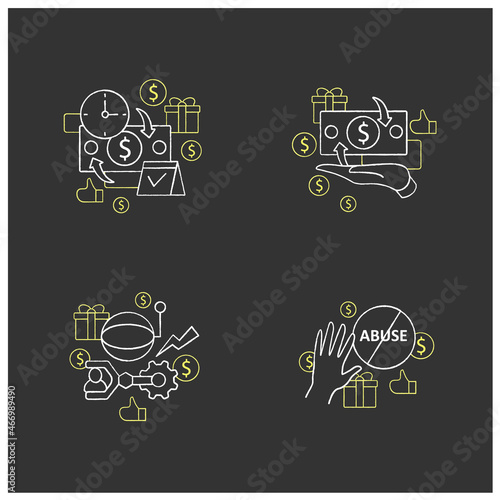 Universal basic income chalk icons set. Technological unemployment, ending abuse, cash payment, periodic payment. Global economy concept. Isolated vector illustrations on chalkboard