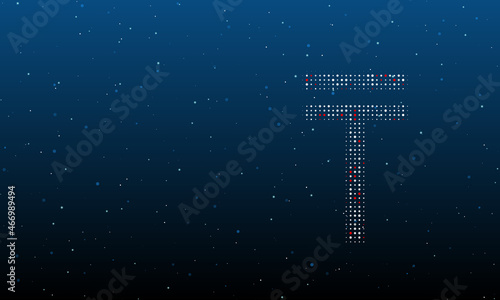 On the right is the tenge symbol filled with white dots. Background pattern from dots and circles of different shades. Vector illustration on blue background with stars