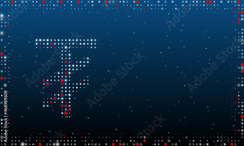 On the left is the tugrik symbol filled with white dots. Pointillism style. Abstract futuristic frame of dots and circles. Some dots is red. Vector illustration on blue background with stars