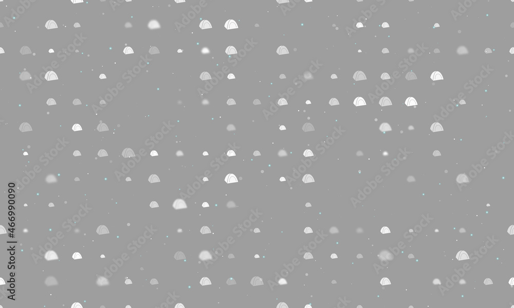 Seamless background pattern of evenly spaced white tourist tents of different sizes and opacity. Vector illustration on gray background with stars