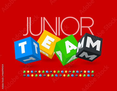 Vector bright sign Junior Team with 3D colorful Font. Cubic style Alphabet Letters and Numbers set