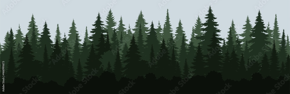 Fototapeta premium Nature silhouette landscape. Spring forest pine trees. Summer vector illustration. Design winter tree illustration. Vector collection for christmas.