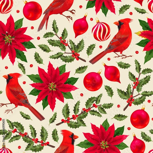 Vector seamless pattern with birds and holly