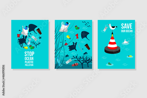 stop ocean plastic pollution. set of posters. Underwater world among garbage. Turtle, stingray, fish among bottles, bags, masks.