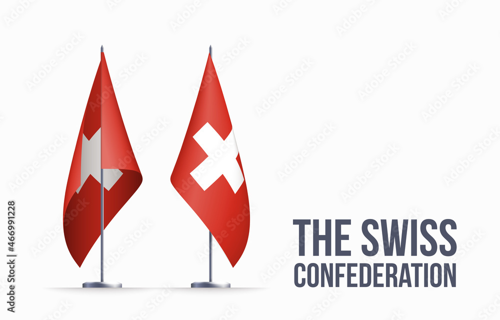 Obraz premium Switzerland flag state symbol isolated on background national banner. Greeting card National Independence Day of the Swiss Confederation. Illustration banner with realistic Switzerland state flag.