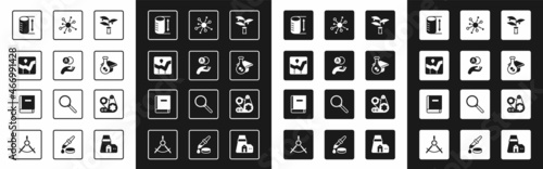 Set Plant breeding, Atom, Graph chart infographic, Height geometrical figure, Graduation cap, Molecule, Timing belt kit and Science book icon. Vector