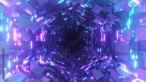 Flying inside a neon hexagonal tunnel. Background futuristic. Chaotic distribution of polygons. 3d illustration