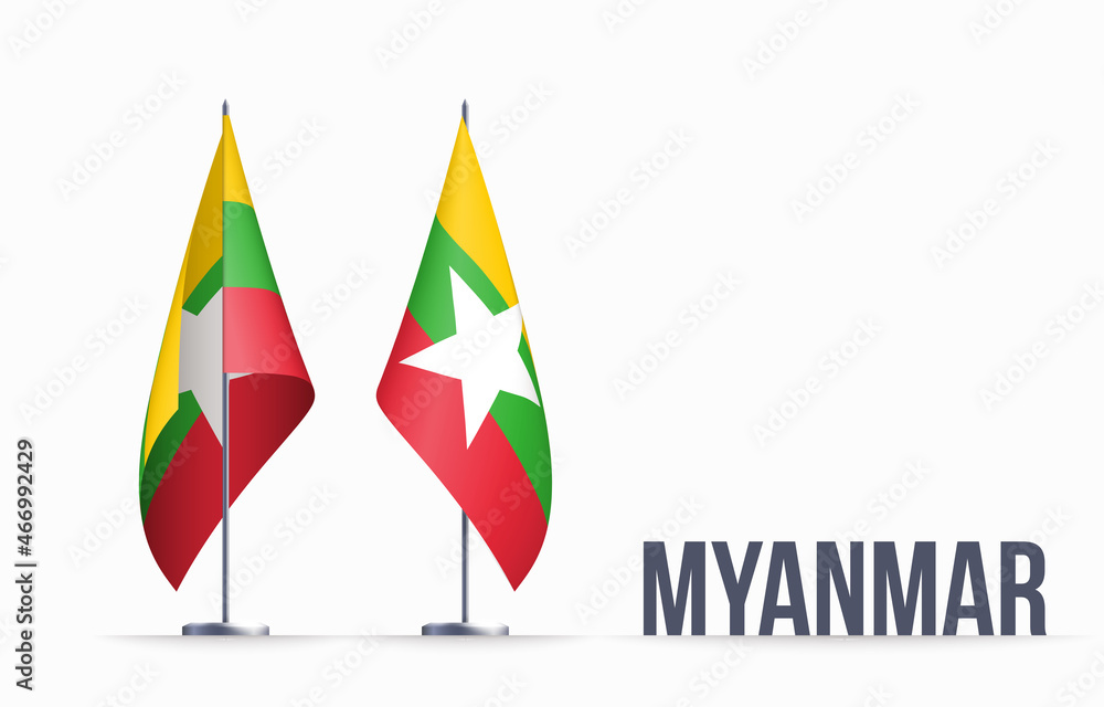 Myanmar flag state symbol isolated on background national banner. Greeting card National Independence Day of the Republic of the Union of Myanmar. Illustration banner with realistic state flag.