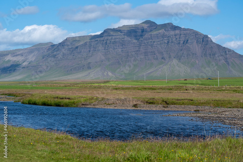 Landscape of mountains and river in Snaefellsnes peninsula South Iceland