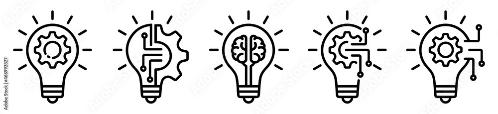 innovation icon set. Light bulb and cog inside. inspiration icon. Light bulb and brain inside. innovation symbol. vector illustration - obrazy, fototapety, plakaty 