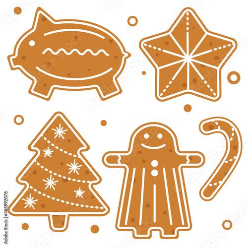 Christmas gingerbread cookies for the winter holidays. Isolated vector image of Xmas tree, man, pig and star, lollipop.