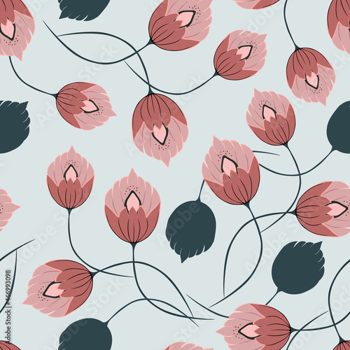 Vector abstract floral seamless pattern. Simple texture with hand drawn pink flowers on a light blue background. Modern painting in doodle style. Repeating design for wallpaper textiles and prints
