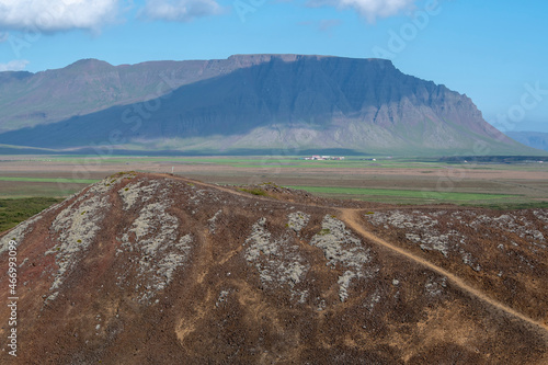 Landscape of path to Eldborg crater extinct volcano near Borgarnes South Iceland photo