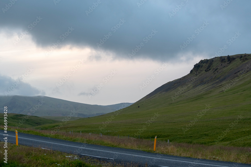 Cloudy landscape of RIng Road and mountains near Vik South Iceland