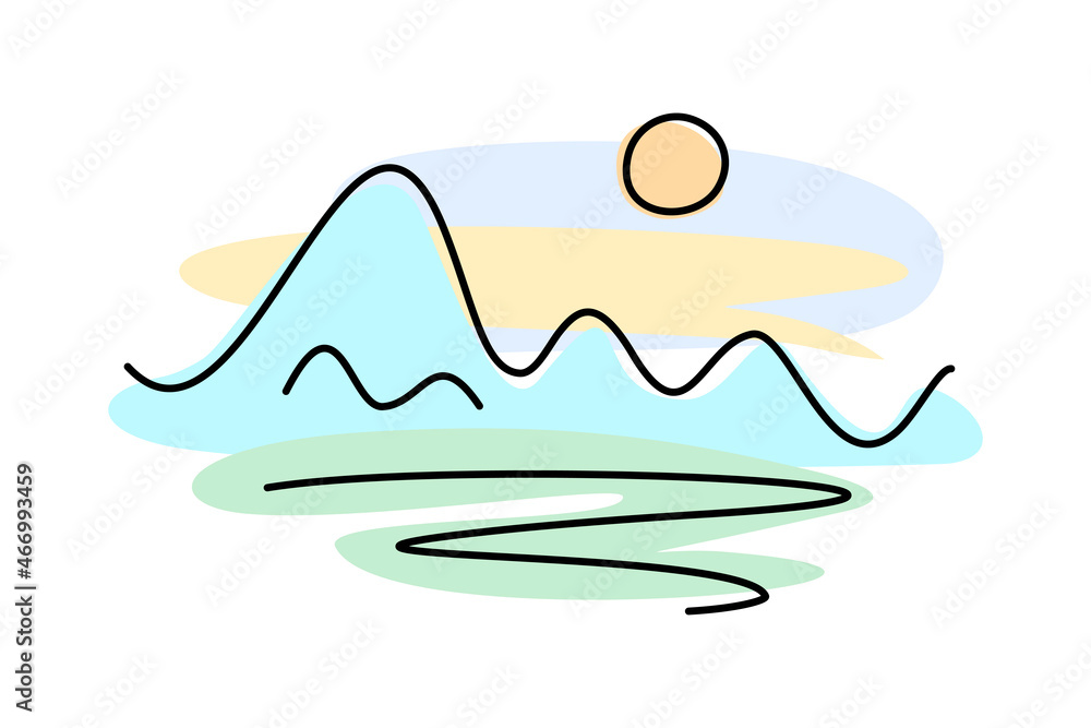 Landscape of mountains and sunset. Children's drawing. Landscape of mountains and sunset. Children's drawing.