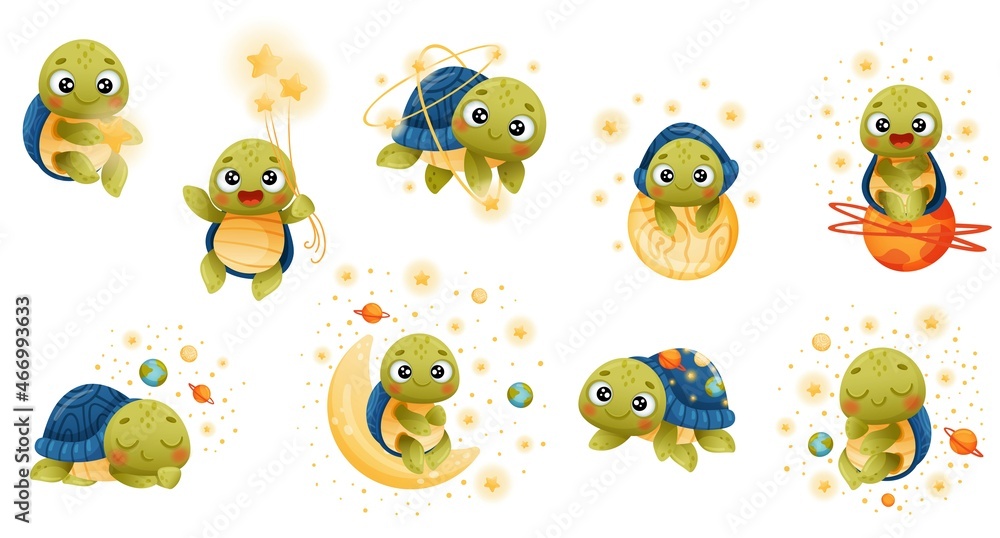 Cute turtle floating in outer space set. Adorable baby tortoise character dreaming of