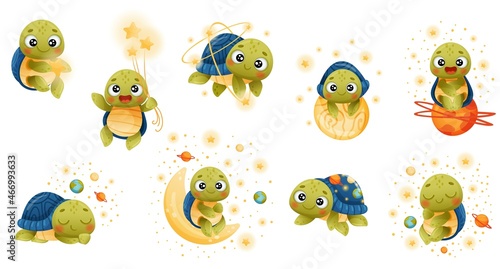 Cute turtle floating in outer space set. Adorable baby tortoise character dreaming of becoming astronaut vector illustration