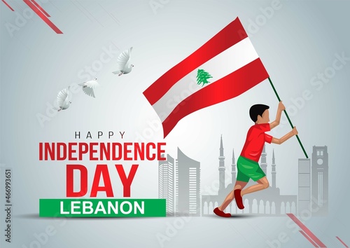 happy independence day 22nd November. a boy running with Lebanon flag. vector illustration design.