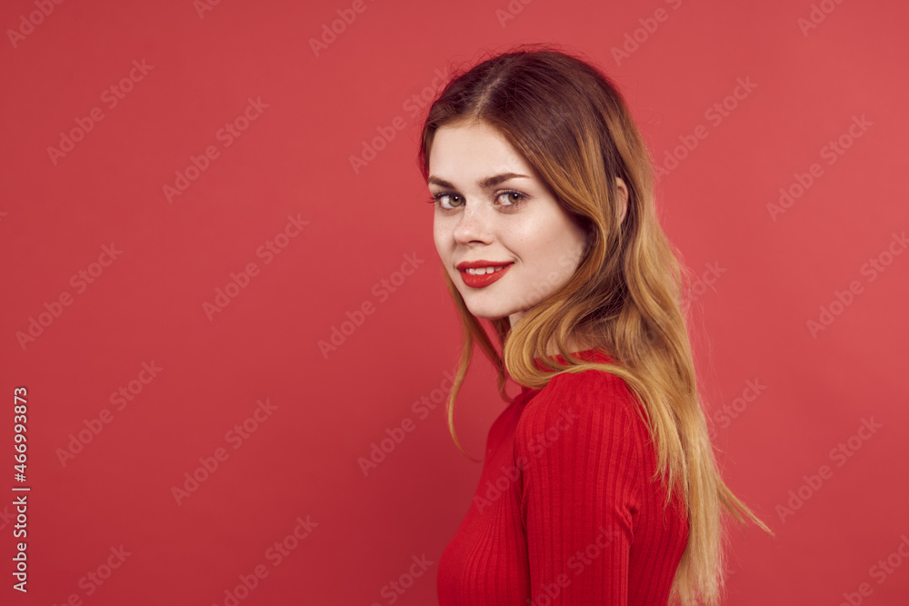 woman in red dress smile hairstyle makeup woman in red dress smile hairstyle makeup