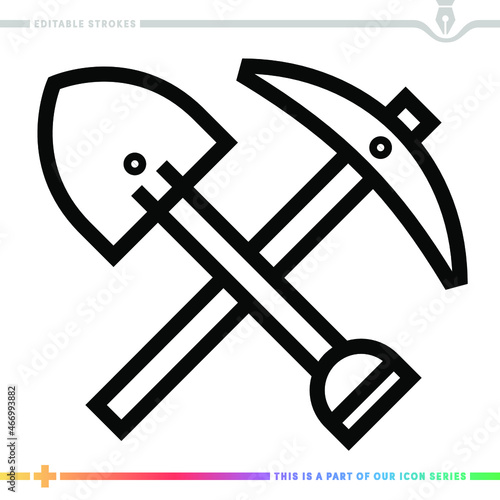 Editable line icon of metals and mining as a customizable black stroke vector graphic.