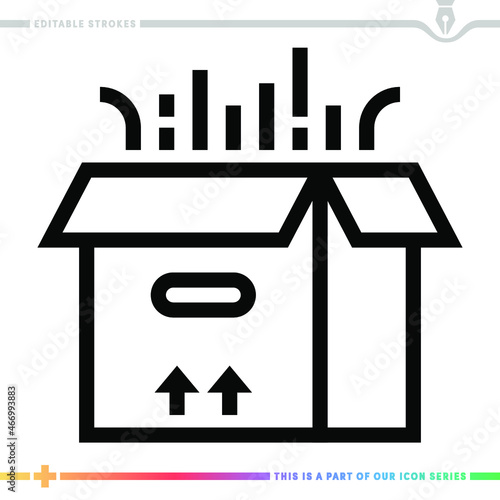 Editable line icon of unboxing experience as a customizable black stroke vector graphic.