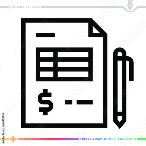 Editable line icon of budget revision as a customizable black stroke vector graphic.