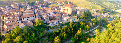Aerial view of the village of Barolo, in the hilly region of Langhe (Piedmont, Northern Italy), fall season; UNESCO Site since 2014.