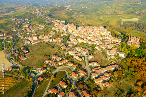 Aerial view of the village of Novello, in the hilly region of Langhe (Piedmont, Northern Italy), fall season; UNESCO Site since 2014. photo