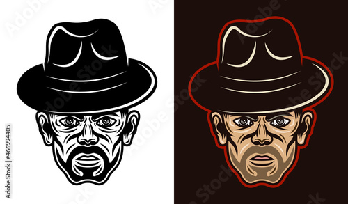 Gangster man head in fedora hat with bristle two styles black on white and colorful on dark background vector illustration