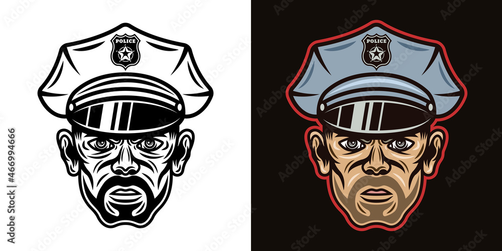 Obraz premium Policeman with bristle in hat vector illustration in two styles black on white and colorful on dark background
