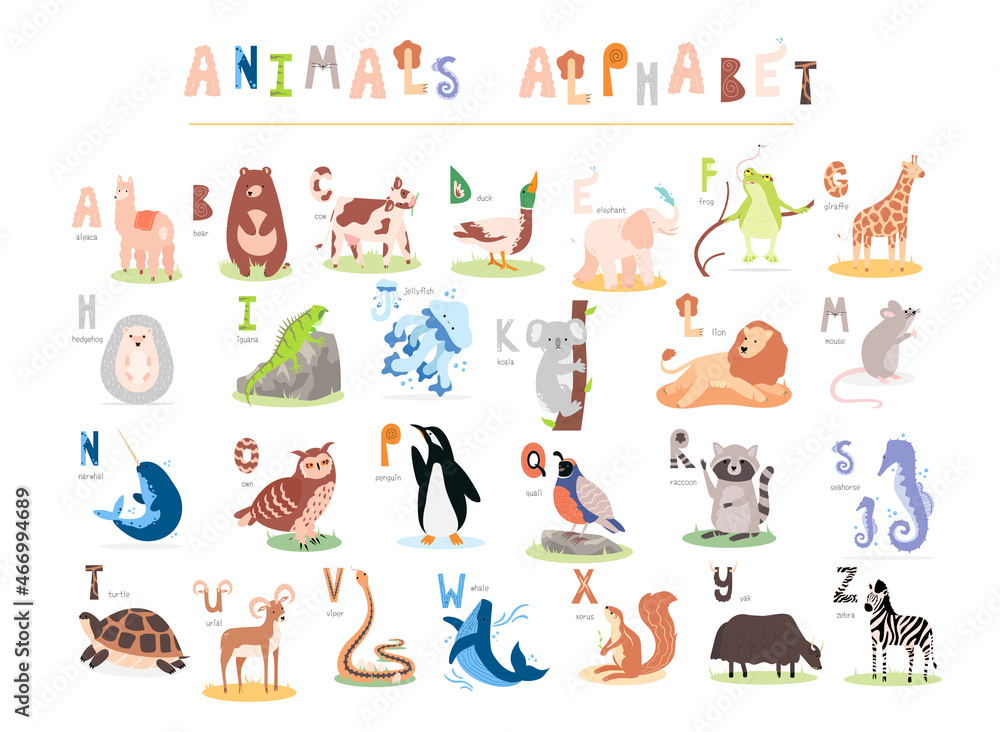 Children's English alphabet. Alphabet poster with animals for preschoolers. Vector flat illustration