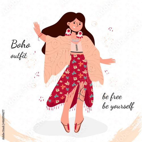 Boho Outfit. The girl is dressed in ethnic style. Be yourself a slogan. Vector flat illustration