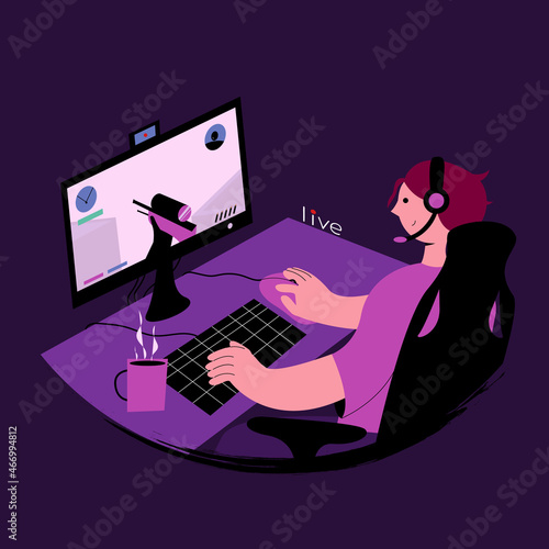A video gamer conducts an online stream on the network on a desktop computer. Vector flat illustration in purple colors. Computer, headphones, microphone - modern technology
