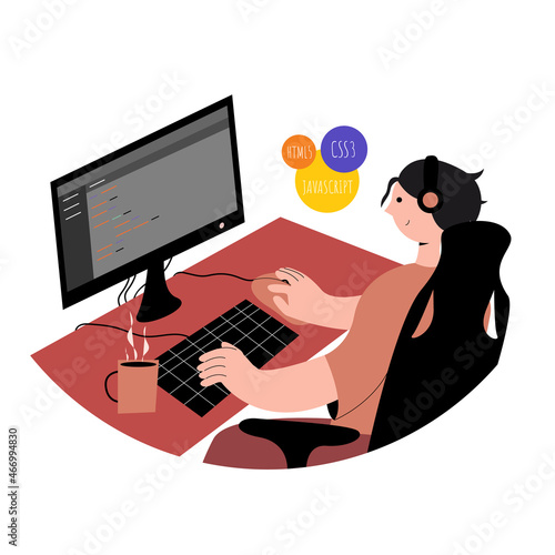 Web application development. Technologies HTML5, CSS3, JavaScript. Freelance networking. Programmer working on web development on computer. Busy man at workplace flat vector illustration