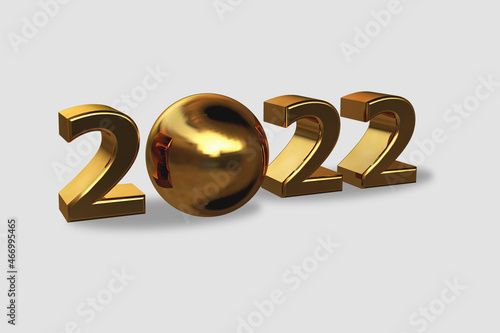 2022 golden 3d text or happy new year 2022 banner design, 2022 number 3D Render Illustration, gold foiled balloons isolated photo