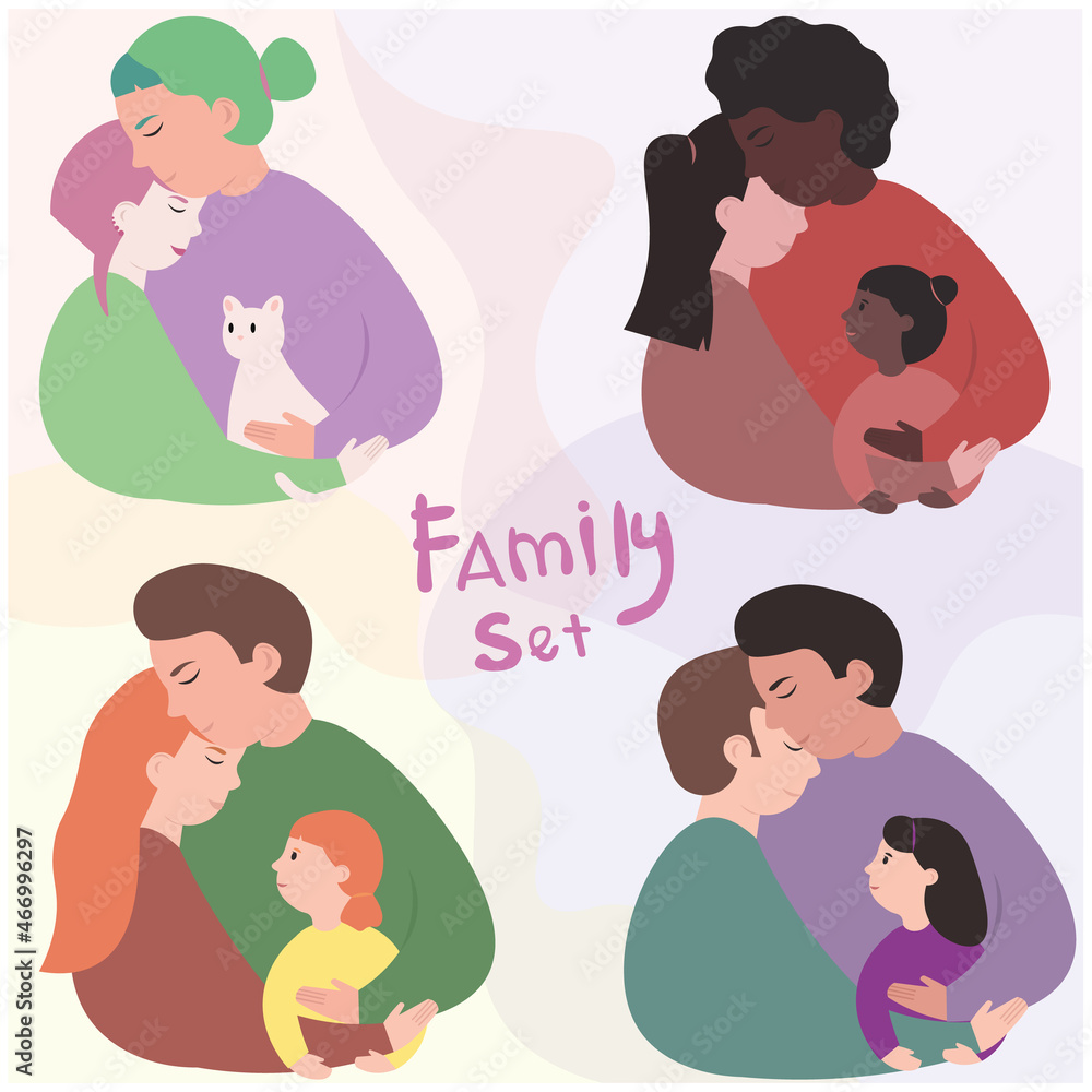 A set of isolated pictures of various families with children. Two lesbian moms, two gay dads, a heterosexual couple and a queer couple. families are different. Love is love A set of isolated pictures of various families with children. Two lesbian moms, two gay dads, a heterosexual couple and a queer couple. families are different. Love is love