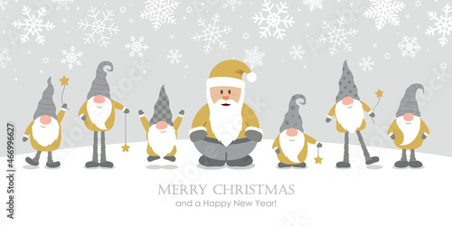 christmas greeting card with cute santa and christmas dwarf