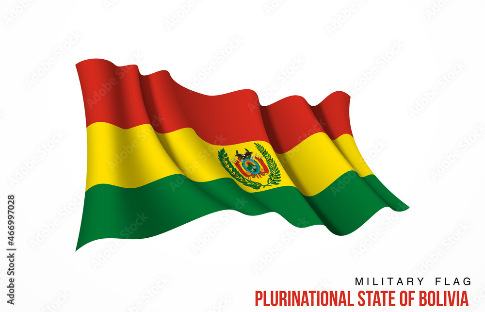 Obraz premium Bolivia flag state symbol isolated on background national banner. Greeting card National Independence Day of the Plurinational State of Bolivia. Illustration banner with realistic military flag.