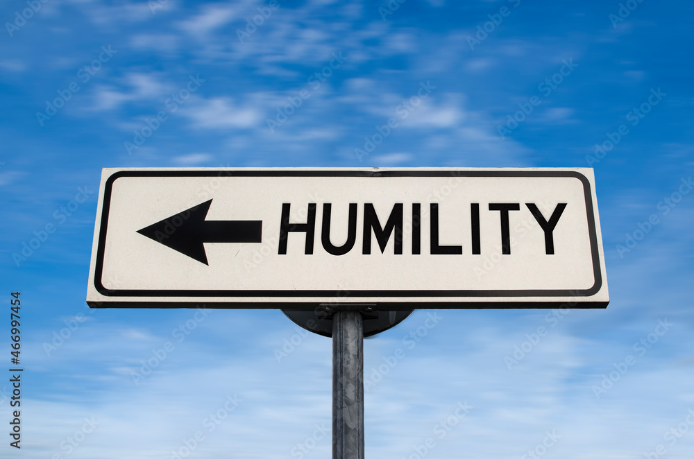 Humility road sign, arrow on blue sky background. One way blank road sign with copy space. Arrow on a pole pointing in one direction. Humility road sign, arrow on blue sky background. One way blank road sign with copy space. Arrow on a pole pointing in one direction.