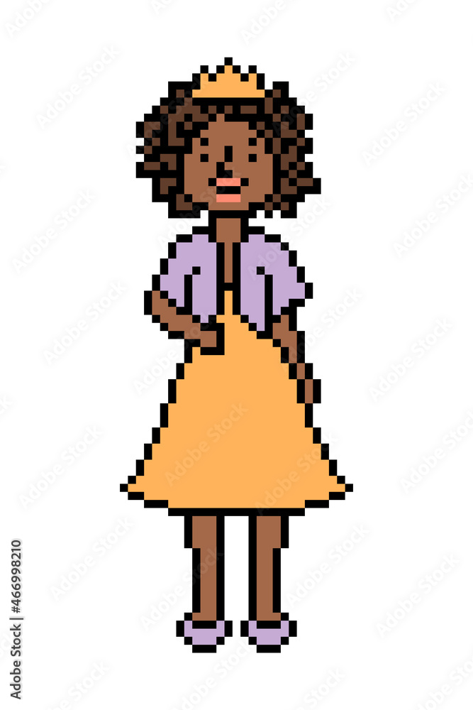 Pixel art black woman in a crown, short puffy dress and jacket. 8 bit
