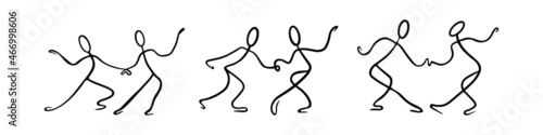 Stick figures collection. Hand drawn dancing couples isolated on white background. Vector illustration.