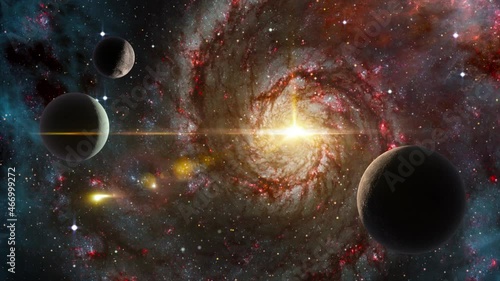 Space background slowly moving through universe among planets galaxies stars and nebulae