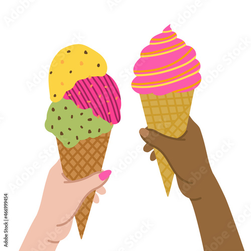 Two hands holding delicious and sweet ice cream in a waffle cones with sugar toppings. Bright ice cream with frosting and sprinkles. No Diet Day. Delicious ice cream with pastry sprinkles.